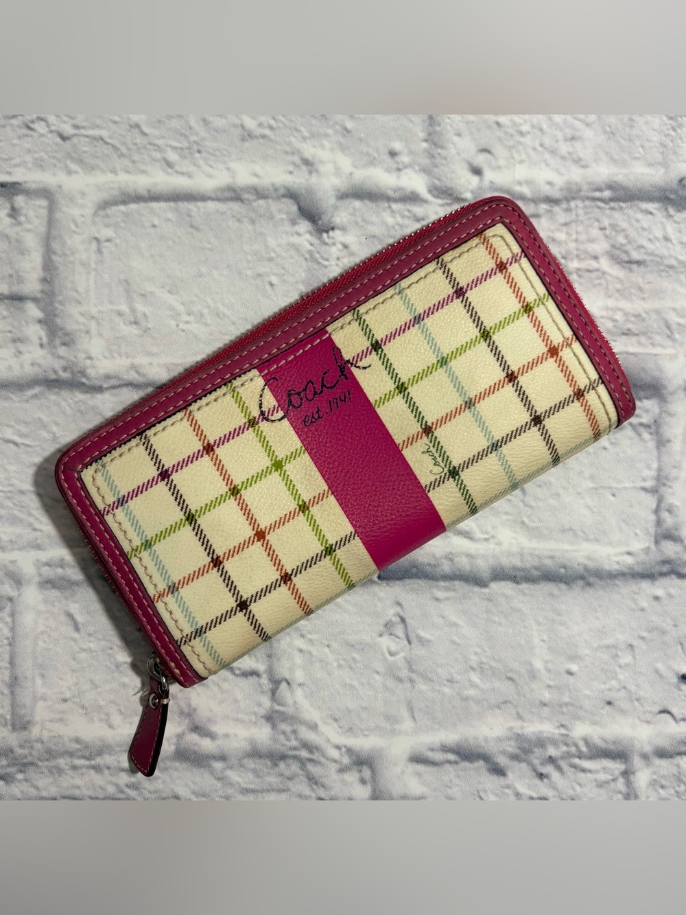Coach Heritage Stripe Collection “Zip Around” Tattersall full-zip wallet
